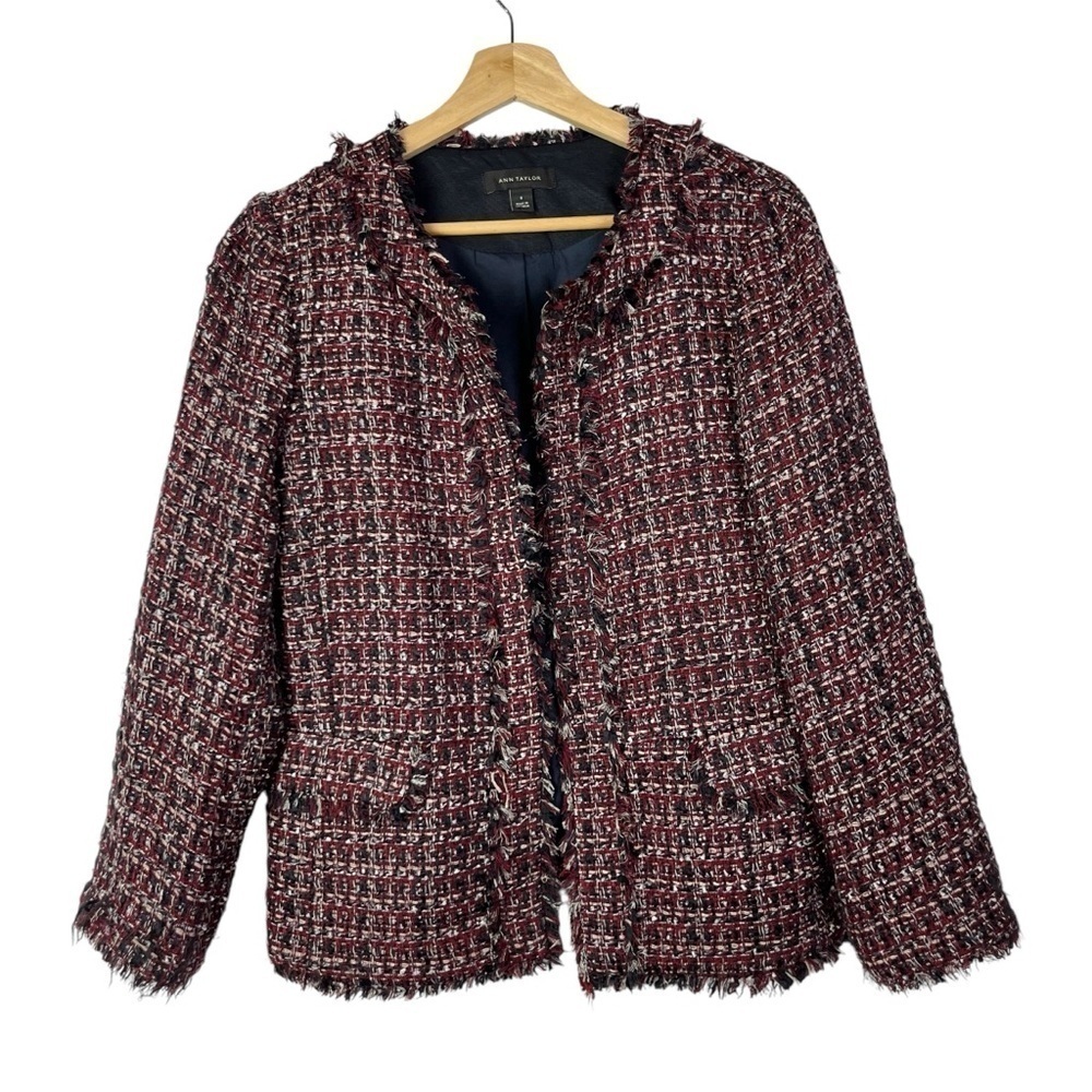 Ann Taylor Red & Blue Fringe Tweed Blazer Jacket 8